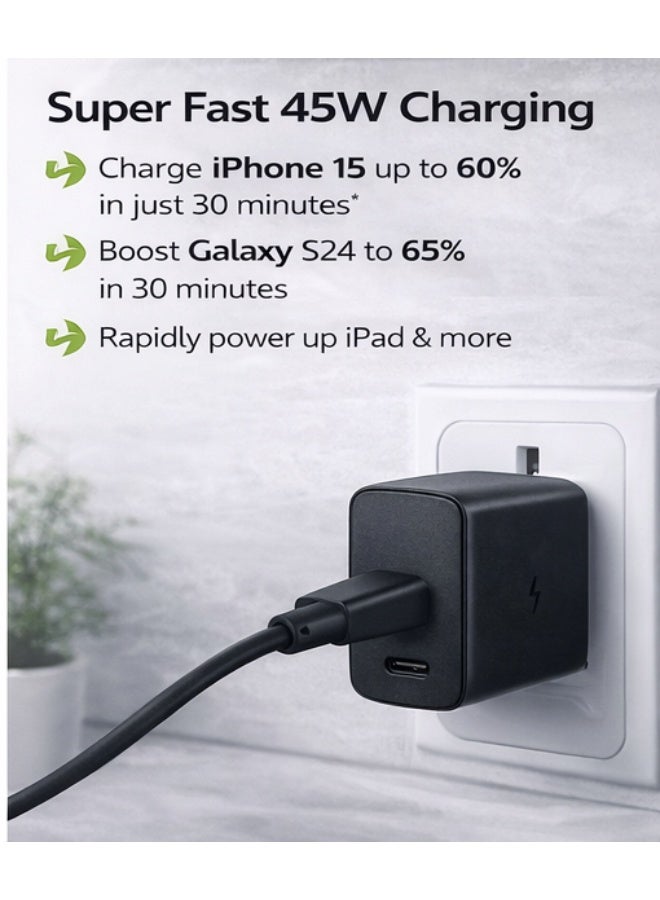 جولدن بلس شاحن فائق السرعة USB-C بقوة 45 واط مع كابل من النوع C بطول 1 متر، متوافق مع أجهزة سامسونج S24 وS23 ألترا، وآيفون 15 برو ماكس، وآيباد، وماك بوك. شاحن جداري USB-C للشحن السريع. - Image 5